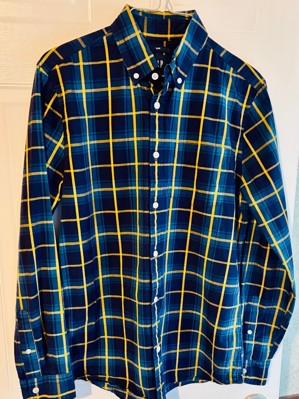 Gap Slim Fit Plaid Button Down Shirt Men’s Small Blue Yellow Long Sleeve Cotton